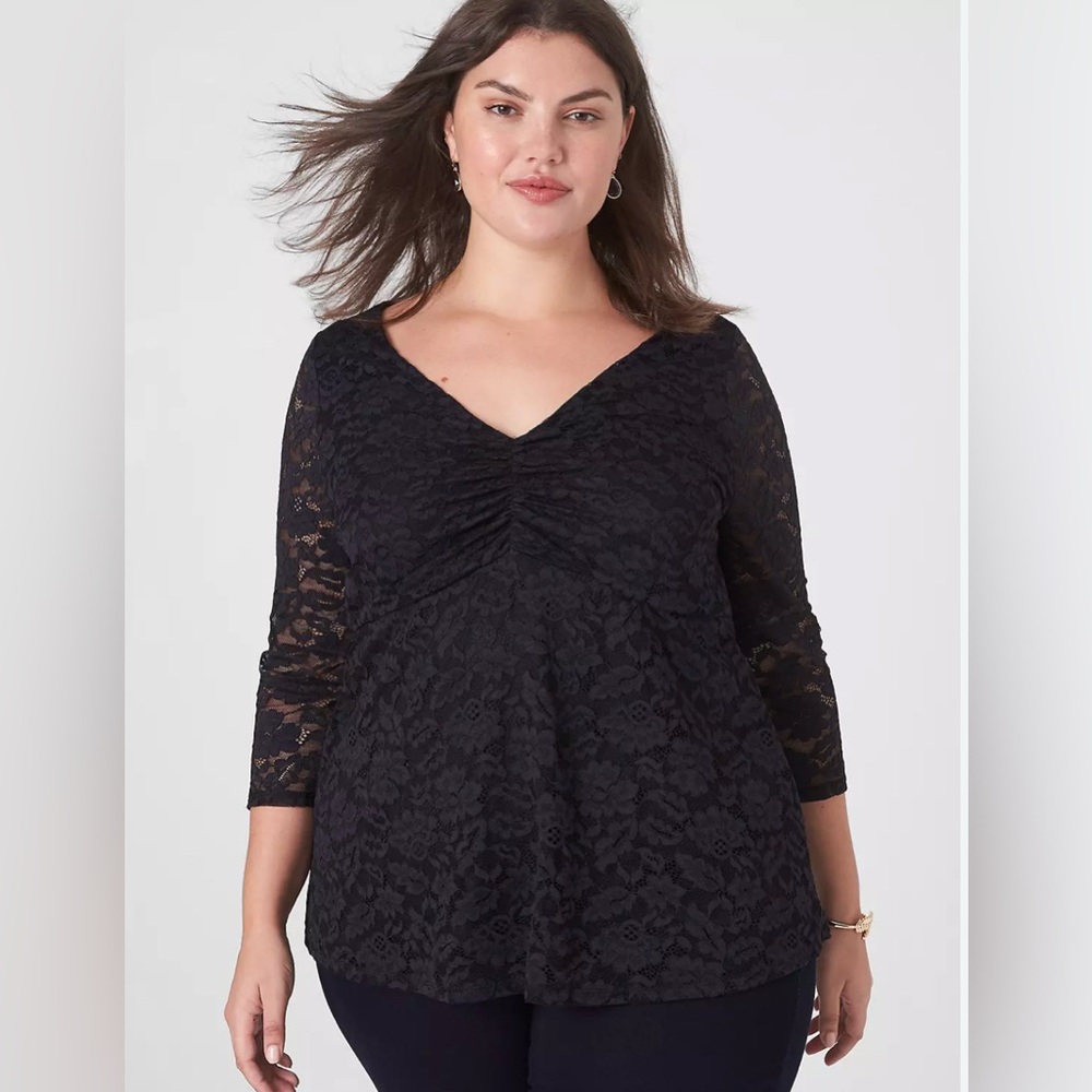 Lane Bryant Black Lace Babydoll Top Size 24 NWT V-Neck 3/4 Sleeve Ruched
